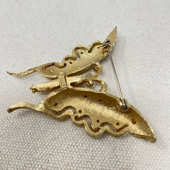 Pell Uranium Glass Butterfly Brooch Vintage Signed Gold-Tone Pink Body - Picture 9 of 12